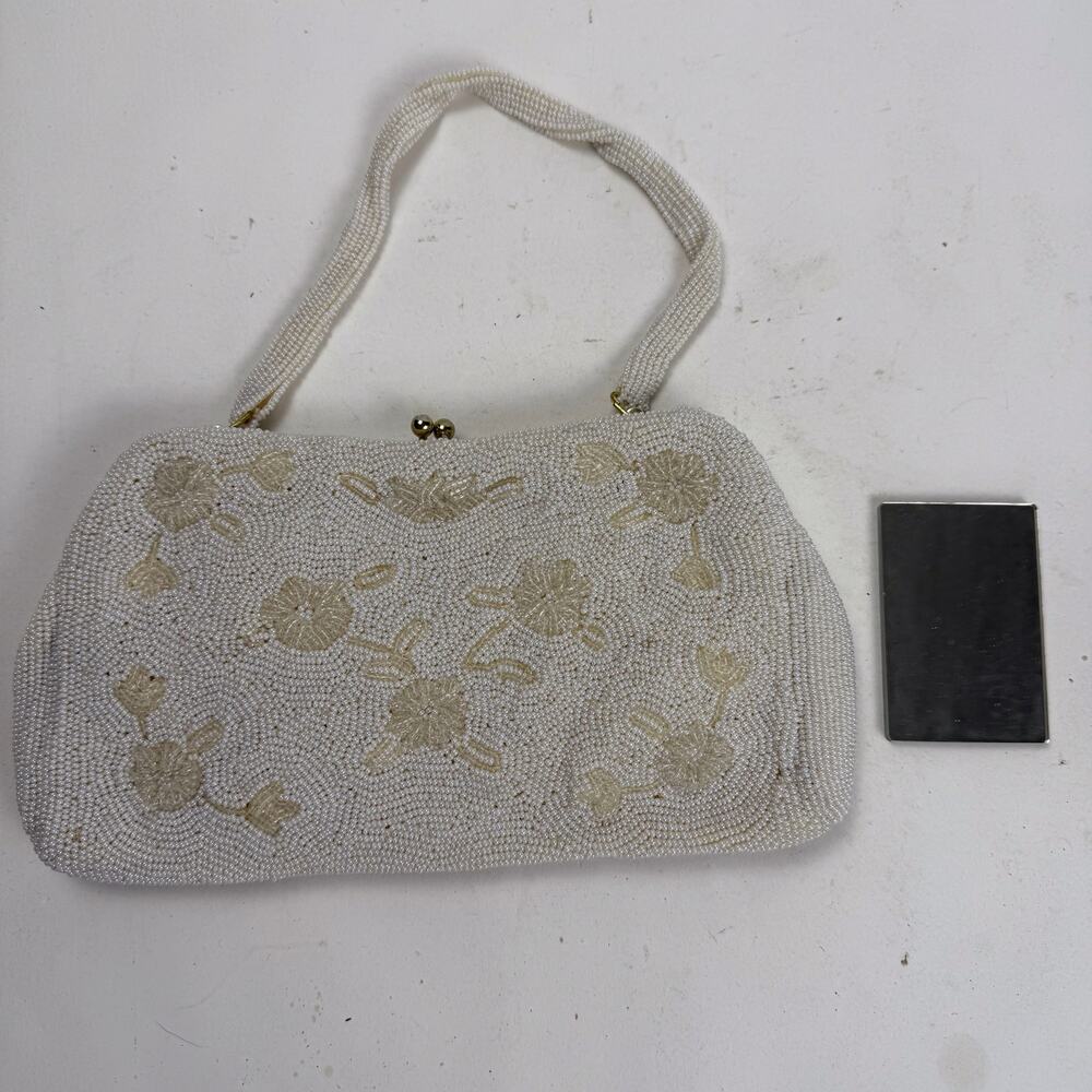 VTG Glass Beaded Clutch Evening Bag Cocktail Wedding 60’s Hide Away Strap Japan
